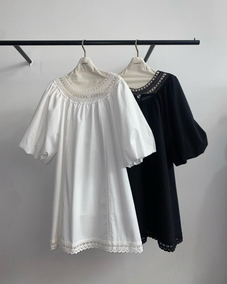 棉質蕾絲領澎袖連身裙|黑白兩色