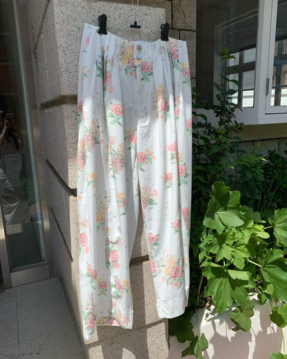奶油底手繪花寬鬆長褲