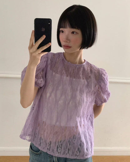 立體壓紋透膚蕾絲上衣