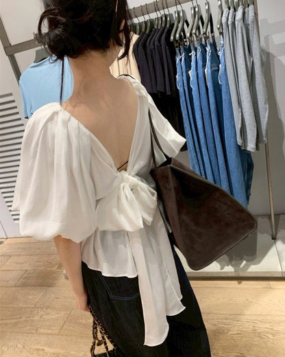 雪紡澎袖V領不對稱上衣