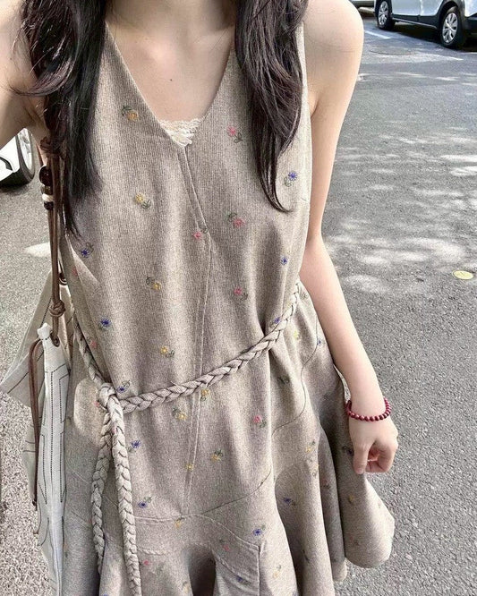 小碎花編繩綁帶魚尾洋裝