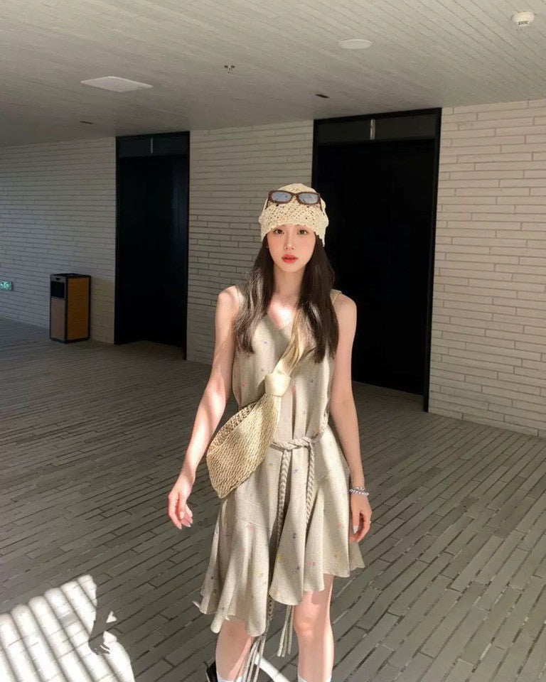 小碎花編繩綁帶魚尾洋裝